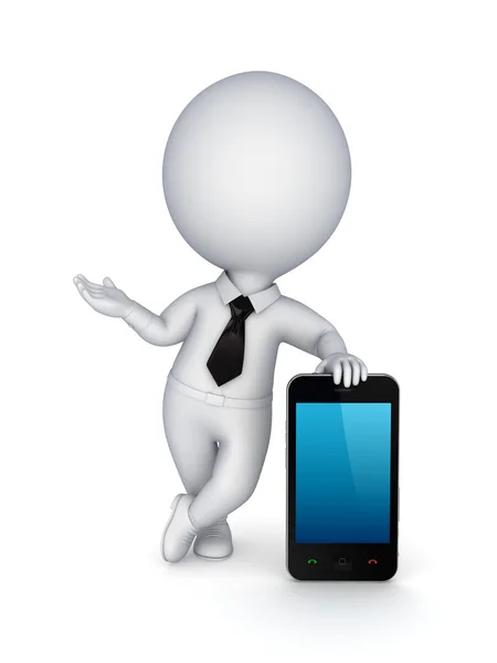 3D małego człowieka z nowoczesnego telefonu komórkowego. — Zdjęcie stockowe
