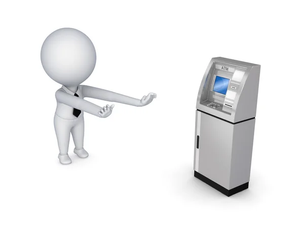 3D-kleine persoon trekken handen naar ATM-. — Stockfoto