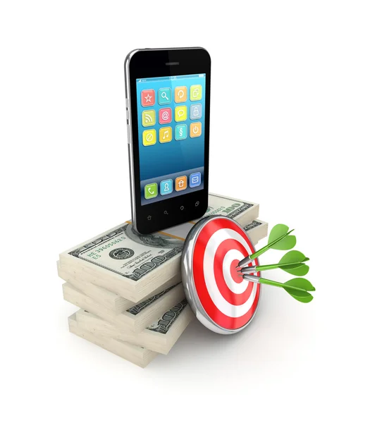 Darten, dollar packs en moderne mobiele telefoon. — Stockfoto