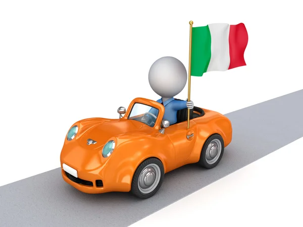 3D małego człowieka na pomarańczowy samochód z włoskiej flagi. — Zdjęcie stockowe