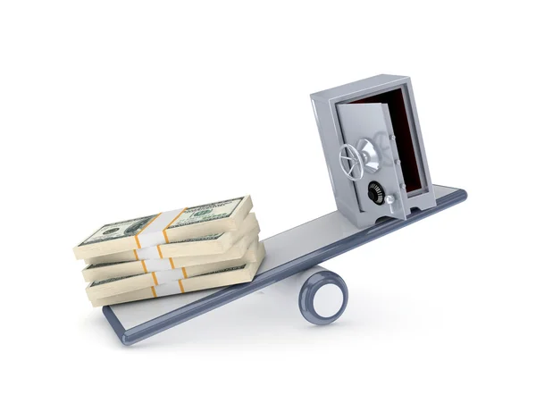 Dollar packs and iron safe on a scales. — Stock Photo, Image