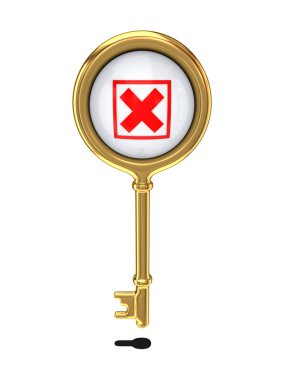 Golden key with a red cross mark. clipart