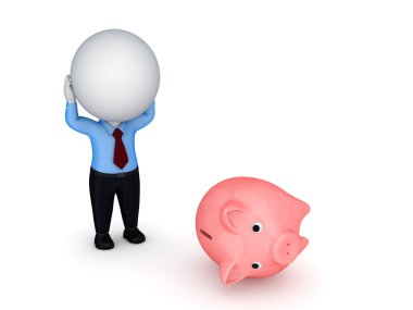 Stressed 3d small person and piggy bank. clipart