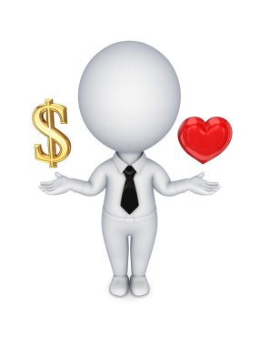 3d small person with a dollar sign and red heart. clipart