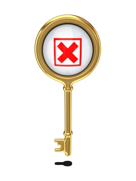 Golden key with a red cross mark. — Stock Photo, Image