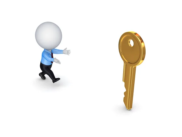 3D-kleine persoon die aan een gouden sleutel. — Stockfoto