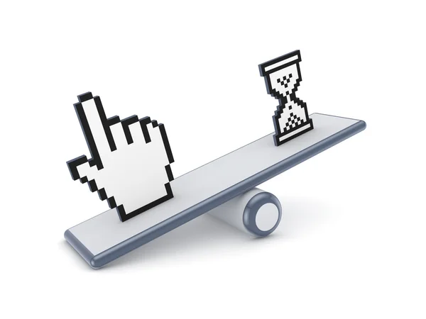 Cursor and sand glass icons on a scales. — Stock Photo, Image