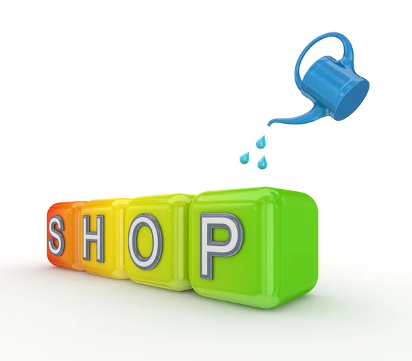 Blå öskar och färgglada kuber med en word-butik. — Stockfoto