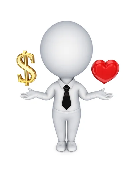 3D küçük kişi bir dolar işareti ve kırmızı kalp. — Stok fotoğraf