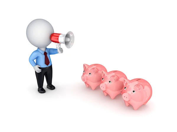 3d small person with a megaphone and piggy banks. — Stock Photo, Image