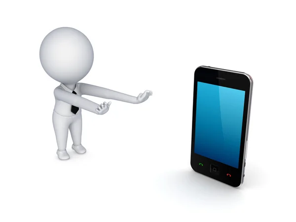3d small person pulling hands to mobile phone. — Stock Photo, Image