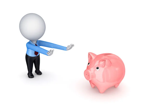 3d small person pulling hands to piggy bank. — Stock Photo, Image