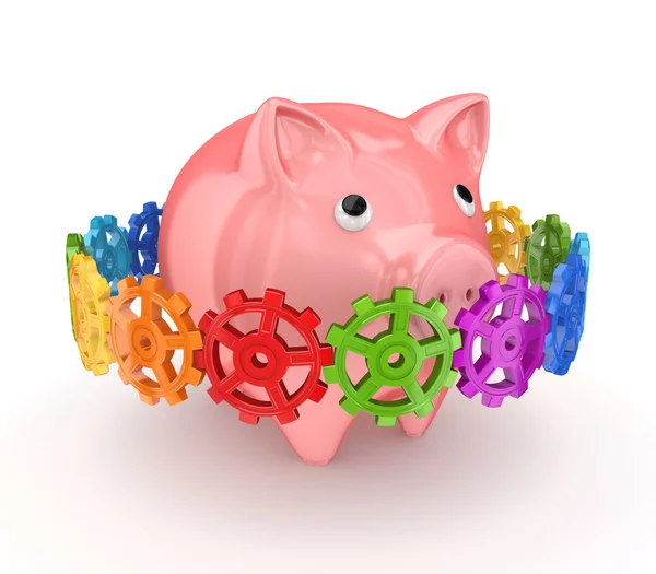 多彩齿轮周围粉红猪存钱罐. — 图库照片