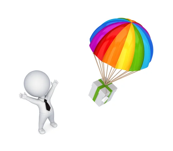 3D-kleine persoon en kleurrijke parachute. — Stockfoto