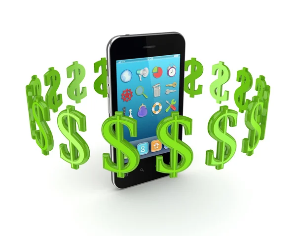 Dólar sinais em torno do telefone móvel moderno . — Fotografia de Stock