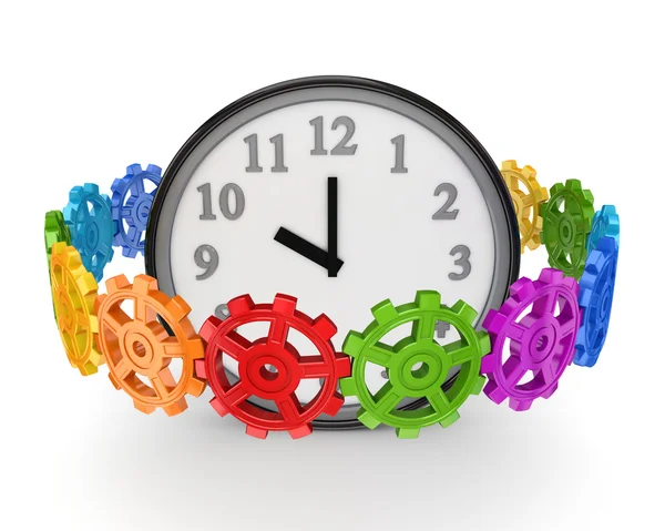 Engrenagens coloridas em torno de relógio grande . — Fotografia de Stock