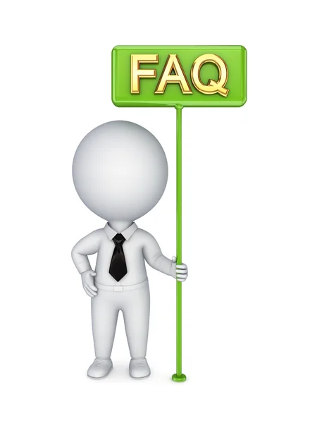 3d persona pequeña con un bunner verde FAQ . — Foto de Stock