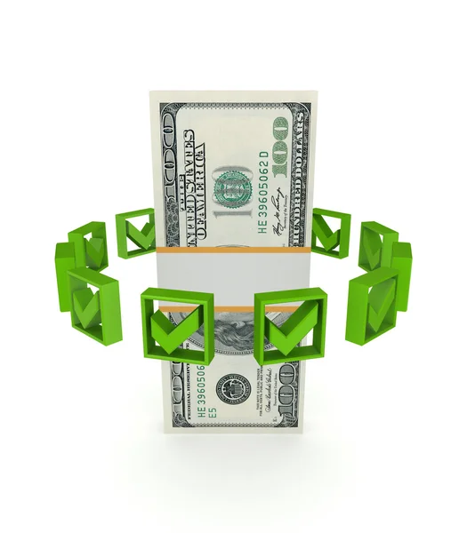 Green tick marks around dollar pack. — Stock Photo, Image
