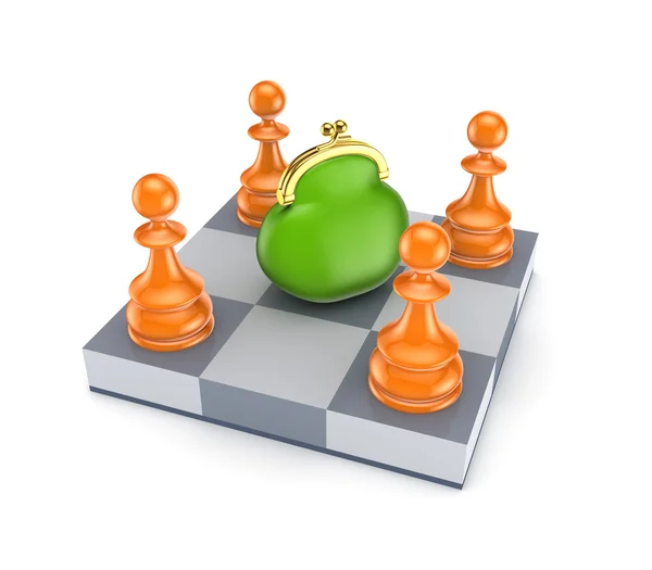 Orangefarbene Schachfiguren um grünen Geldbeutel. — Stockfoto