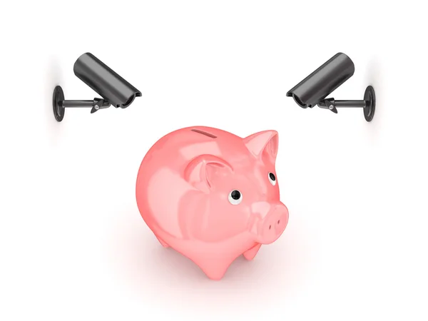 观察摄像机和粉红猪存钱罐. — 图库照片
