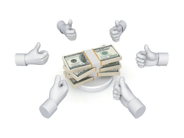 Hands with thumbs up around dollar packs. — Stock Photo, Image