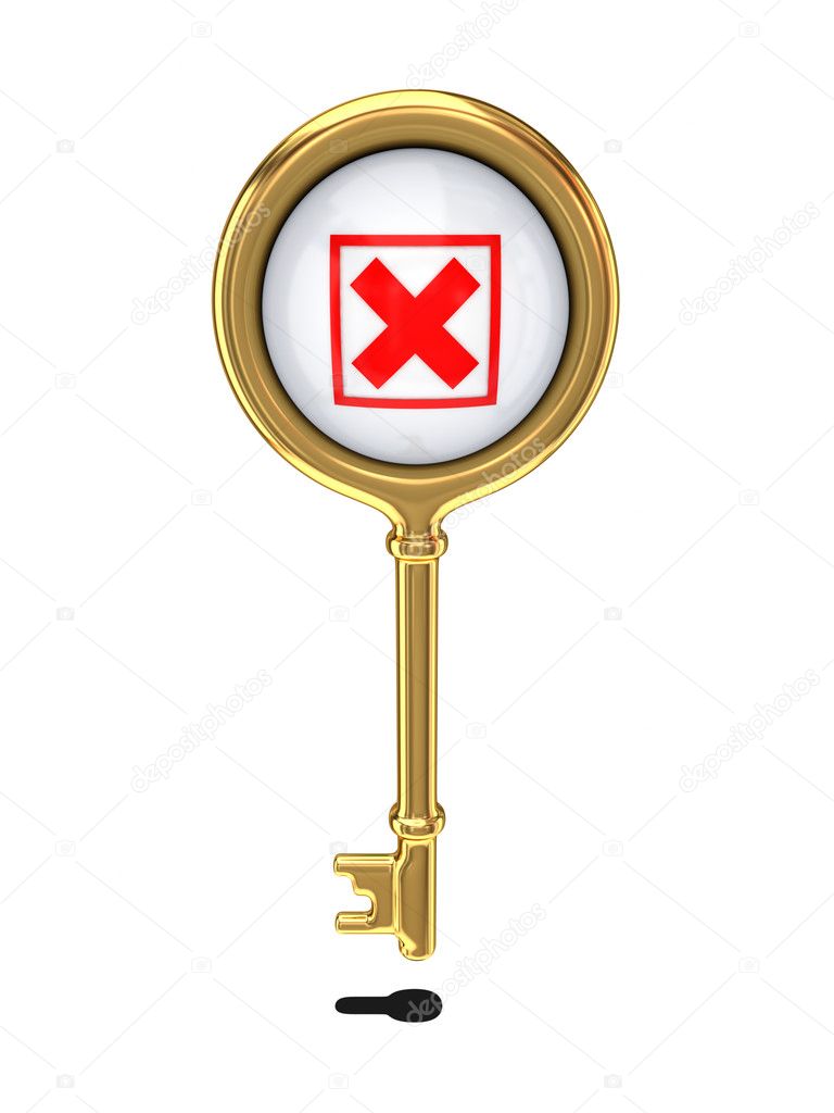 Golden key with a red cross mark.