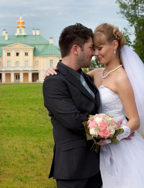 Groom og bruden ved Mensjikovs palass i Lomonosov. stockbilde
