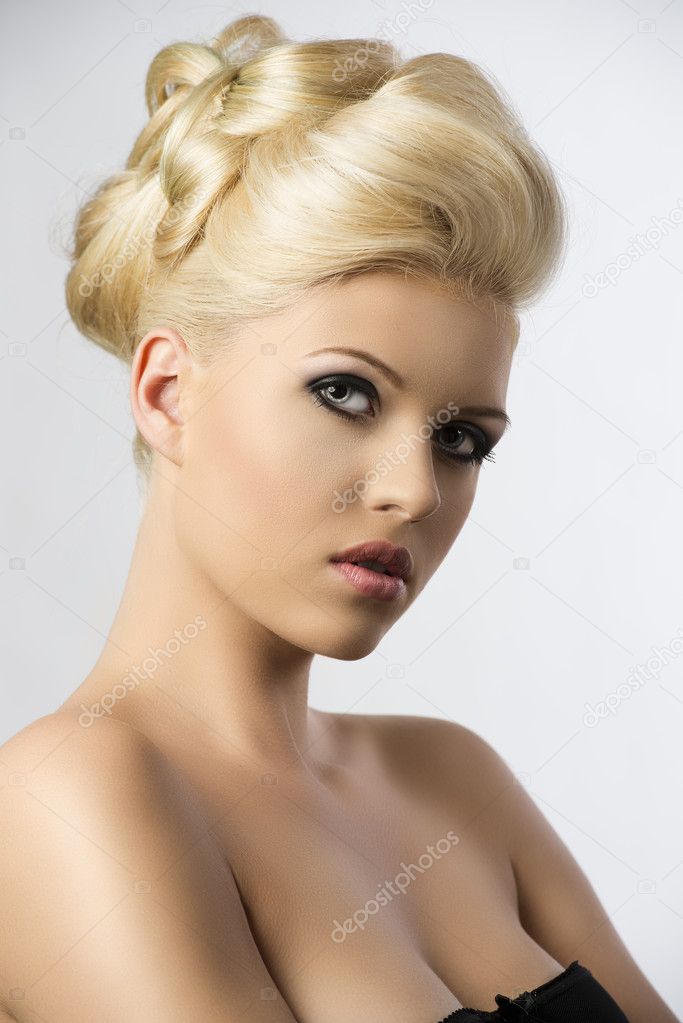 Blonde hair style, the girl head is folded