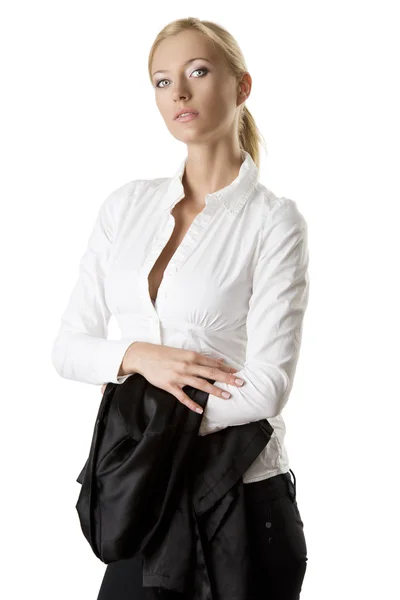 Business blonde woman with jacket on the arm — Stock Photo, Image