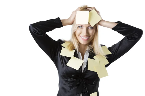 Business blonde woman with both hands on the head — Stock Photo, Image