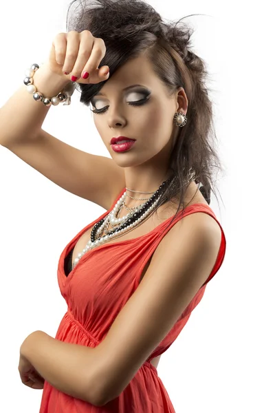Portrait of fashion brunette with hand on her front — Stock Photo, Image