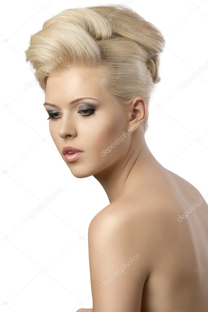 Beautiful blonde woman with hair style that looks down