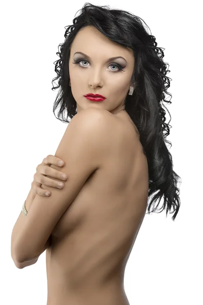 Menina bonita com cabelo ondulado longo com corpo no perfil — Fotografia de Stock