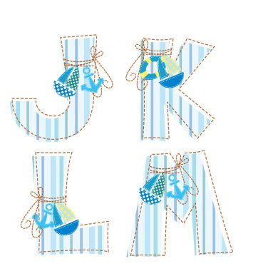 Patchwork alphabet. Letter J, K, L, M clipart