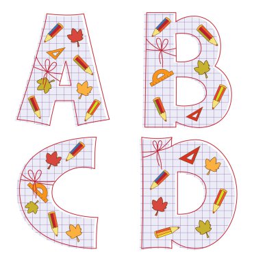 School paper alphabet. Letter A, B, C, D clipart