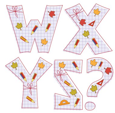 School paper alphabet. Letter W, X, Y, Z,question mark clipart