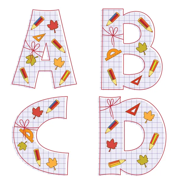 School paper alphabet. Letter A, B, C, D — Stock Vector