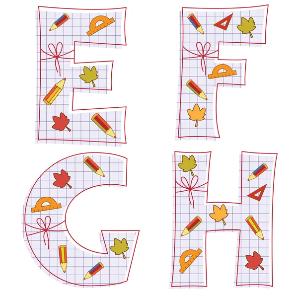 School paper alphabet. Letter E, F, G, H — Stock Vector