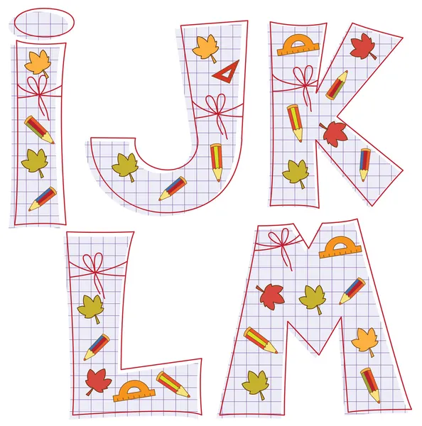 Alfabeto scolastico. Lettera I, J, K, L, M — Vettoriale Stock