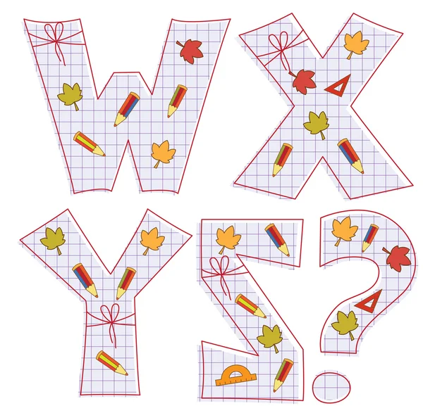 School paper alphabet. Letter W, X, Y, Z,question mark — Stock Vector