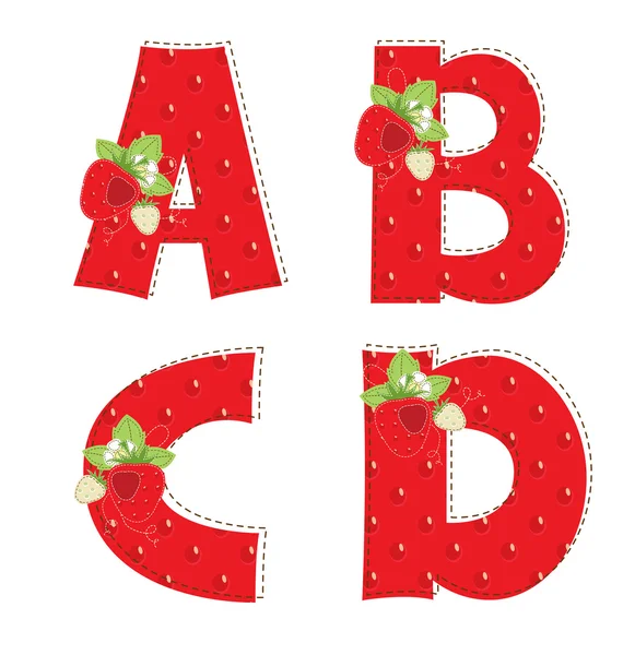 Rotes Erdbeeralphabet. Buchstaben a, b, c, d — Stockvektor