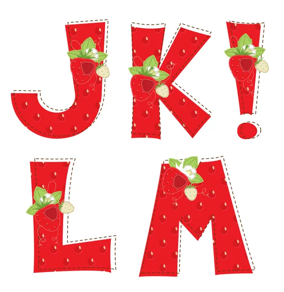 Röd jordgubbe alfabetet. bokstaven j, k, l, m, ! — Stock vektor