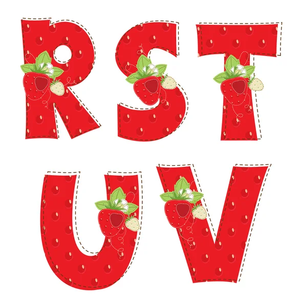 赤いイチゴのアルファベット。手紙 r、s、t、u、v — ストックベクタ