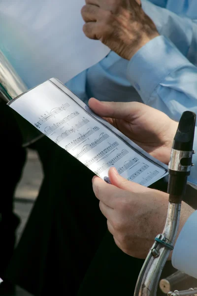 Музыкант держит в руках свои ноты — стоковое фото