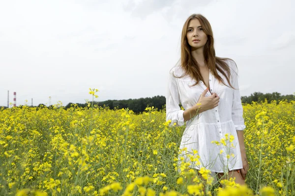 stock image Brunette woman in a yellow flowers field