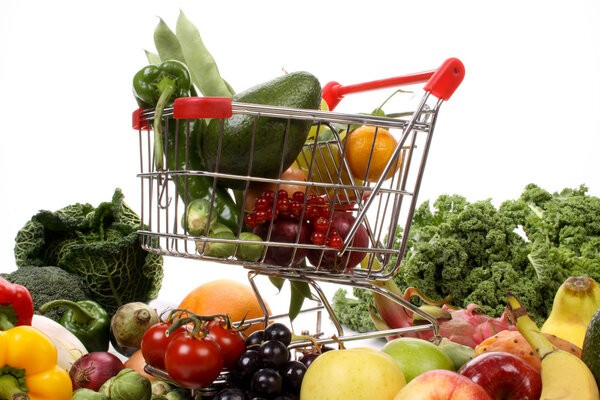 Fruits and vegetables in a shopping cart