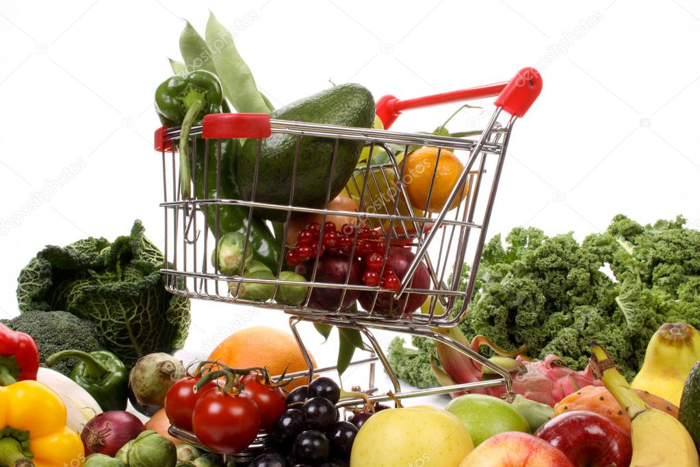 Fruits and vegetables in a shopping cart