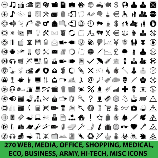 270 web, μέσα ενημέρωσης γραφείο, ψώνια, ιατρική, eco, στρατός, υψηλής τεχνολογίας, διάφορα εικονίδια Royalty Free Διανύσματα Αρχείου