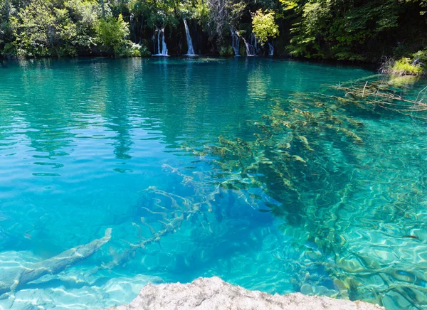 Heldere meer en kleine watervallen (plitvice meren nationaal park, — Stockfoto