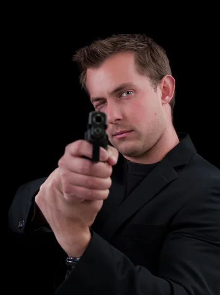 拿着枪的男性白种人模型 — 图库照片